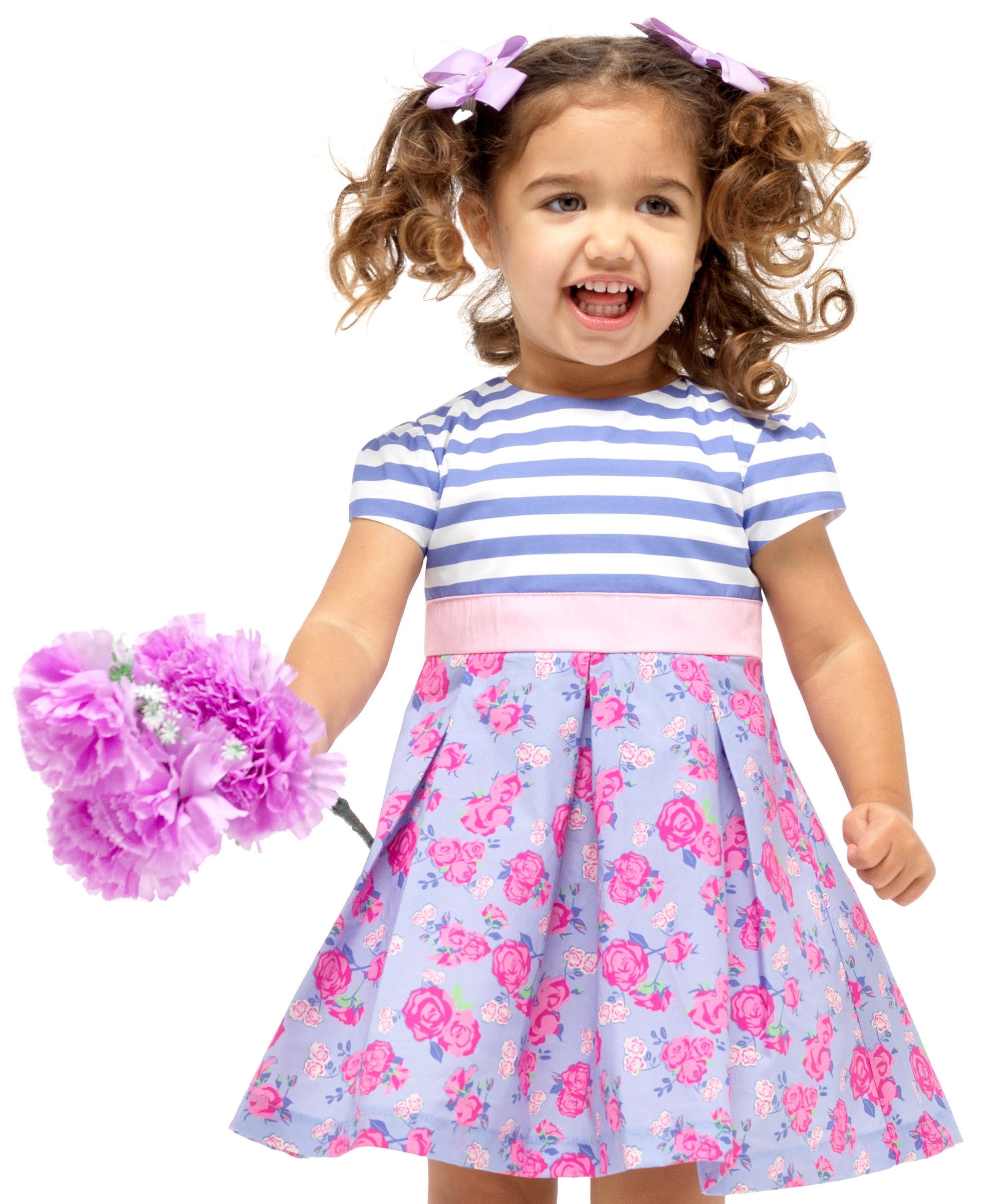 Little Girls Party Dress - Stripes Blue & Pink Florals